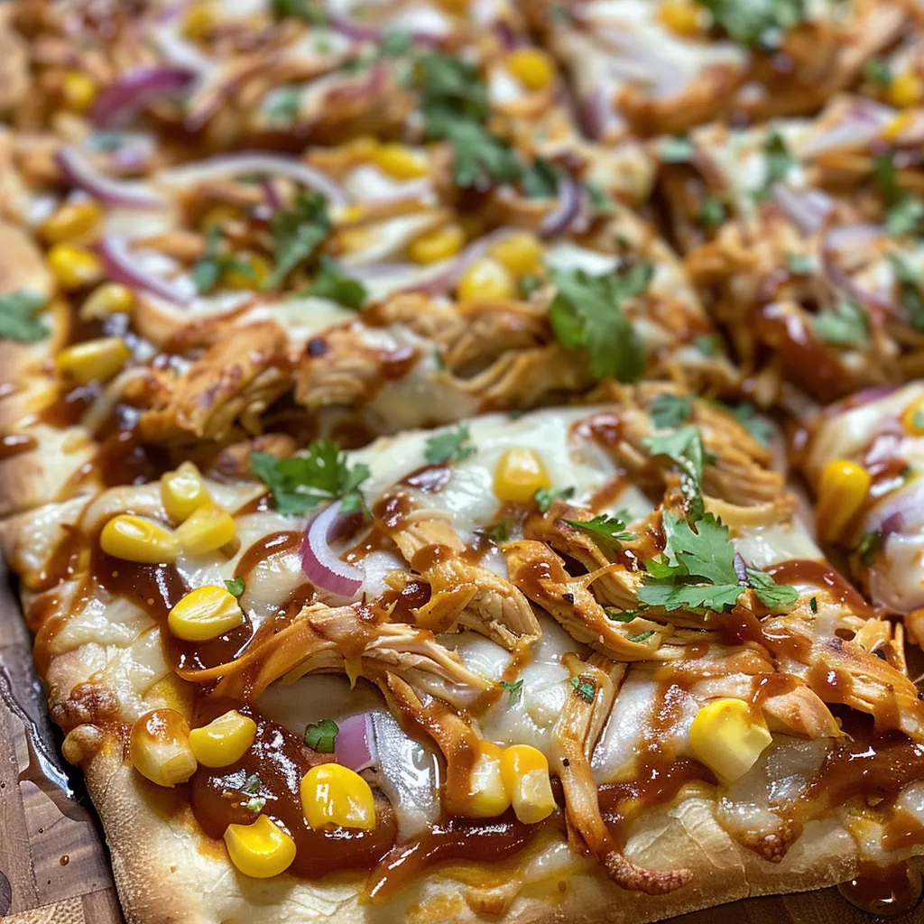 Side view of a BBQ Chicken Flatbread Pizza, showcasing juicy chicken, red onions, and corn.