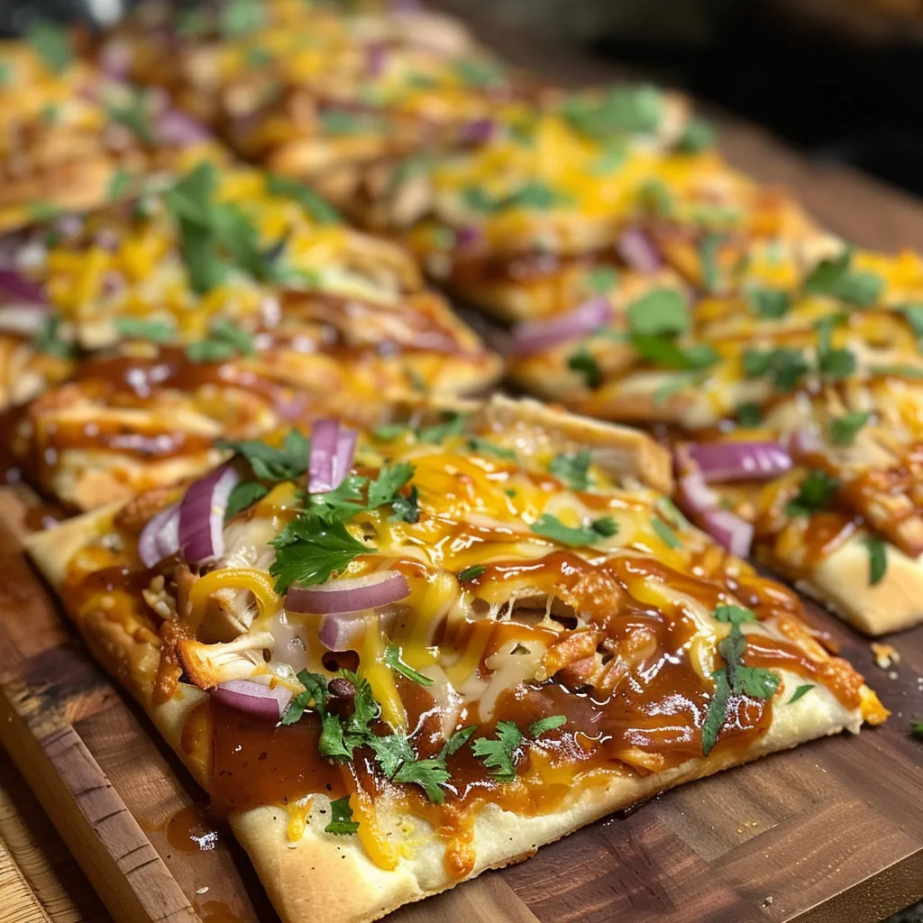Side angle of BBQ Chicken Flatbread Pizza showcasing juicy chicken and vibrant onions.