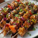 Close-up of juicy BBQ chicken skewers with honey glaze, garnished with sesame seeds and coriander.