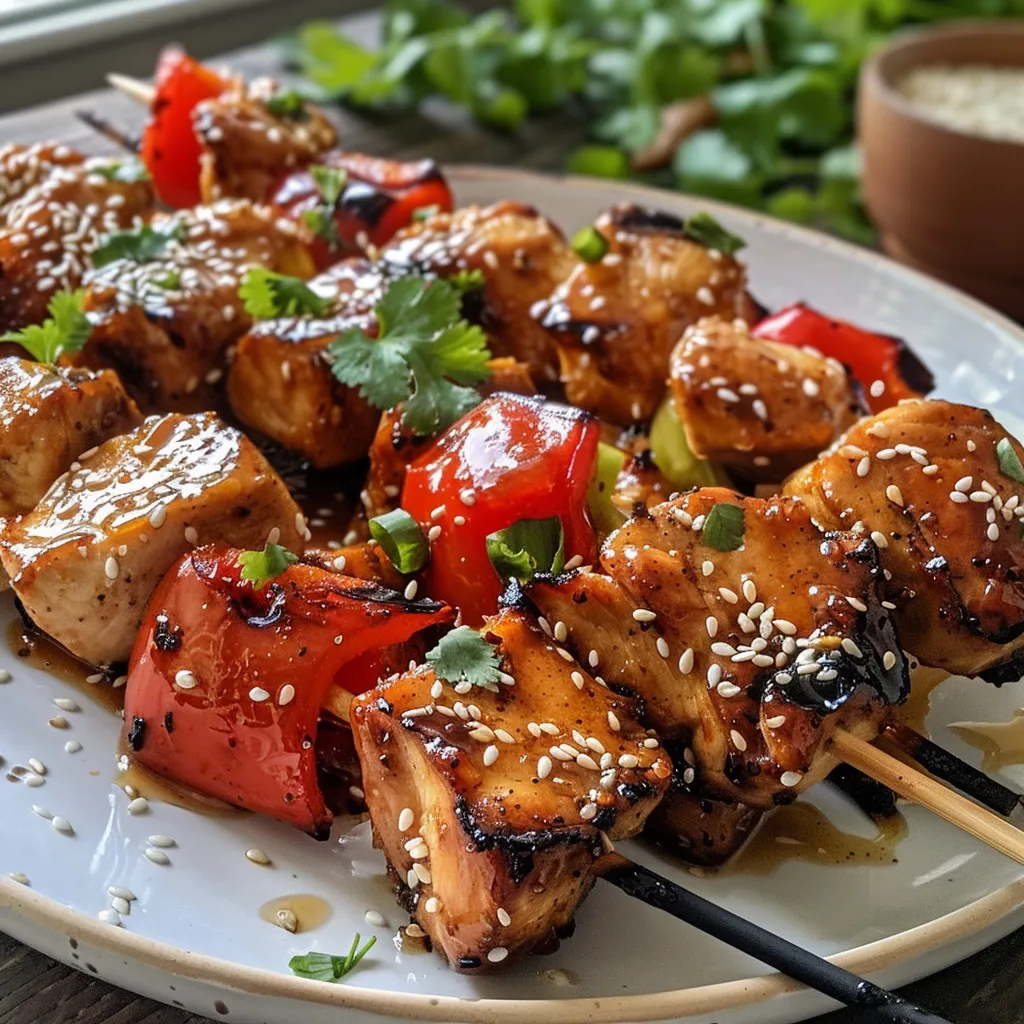 Side view of colorful chicken skewers featuring red bell peppers and onions on a wooden surface.