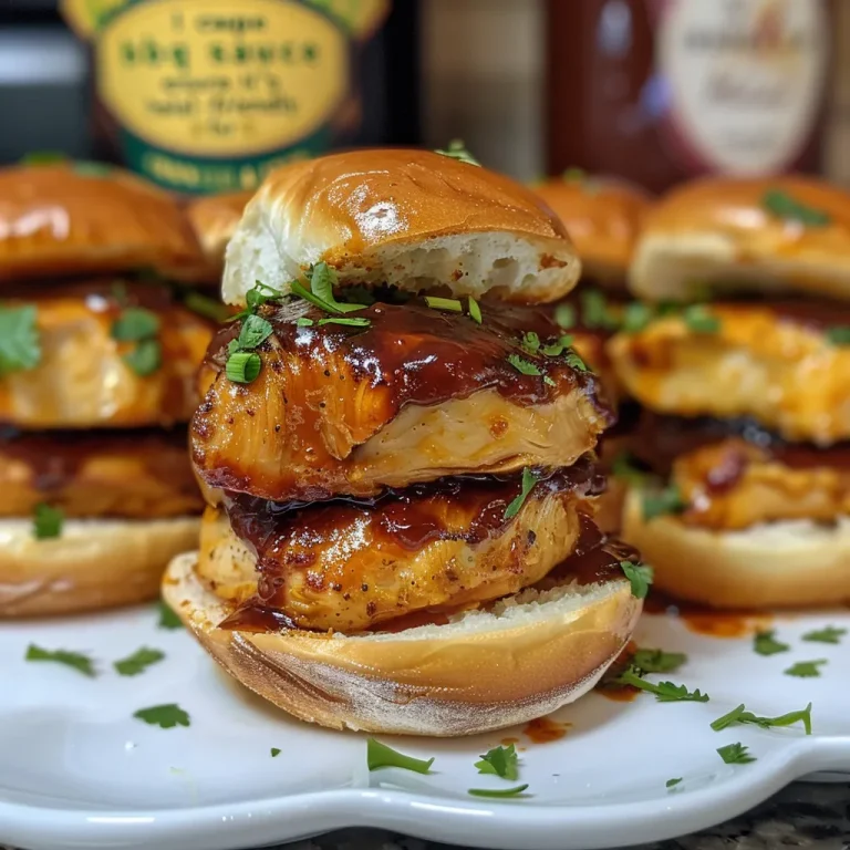 Close-up view of juicy BBQ chicken sliders drizzled with garlic-herb butter on a wooden cutting board.