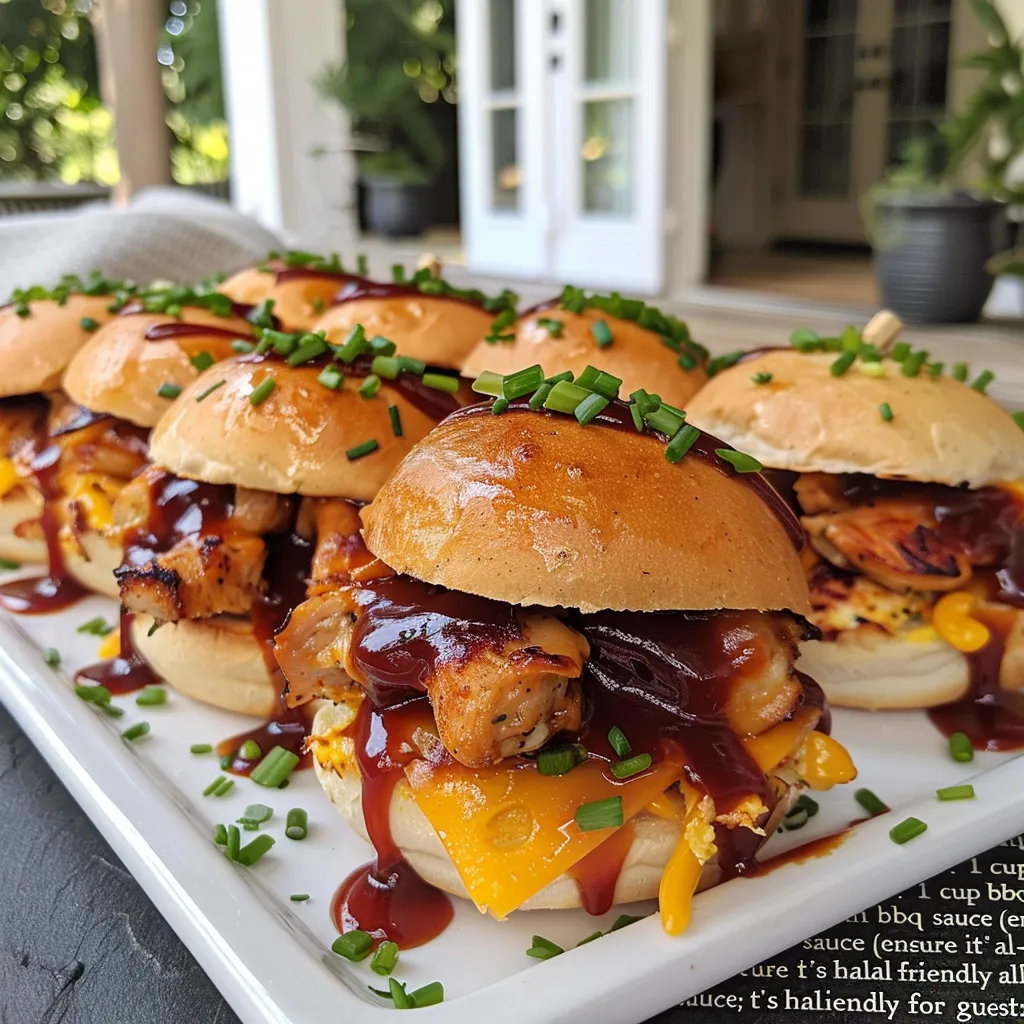 Close-up view of BBQ chicken sliders featuring jalapeños and cilantro, ready to eat.
