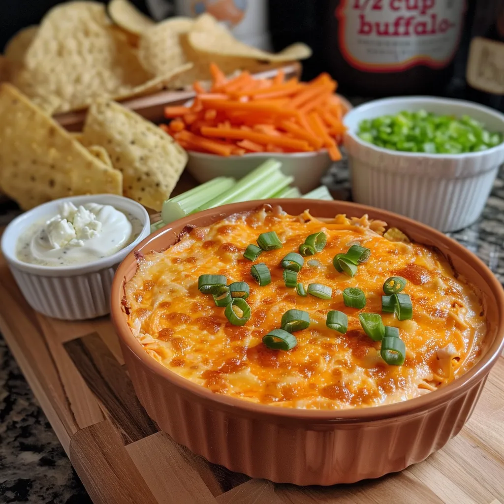 Side view of a bowl of Buffalo Chicken Dip with melted cheese on top.