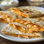 Close-up view of golden brown Buffalo Chicken Quesadillas filled with melted cheese and shredded chicken.