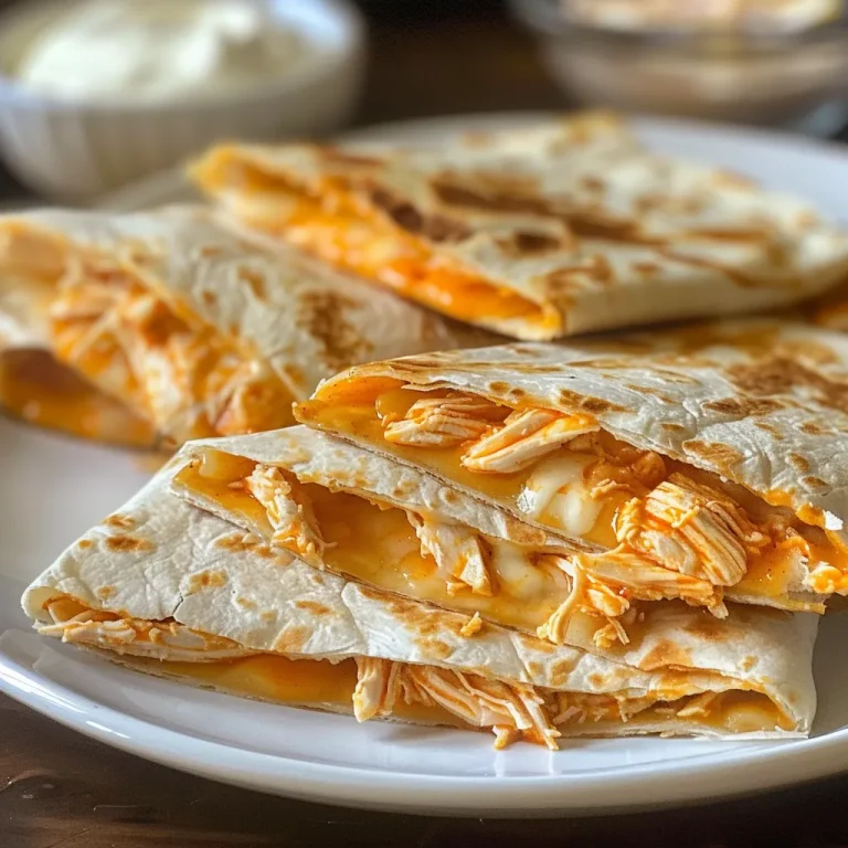 The Spicy Quesadilla That Brings Friends Together Close-up of a grilled Buffalo chicken quesadilla, showing melted cheese and shredded chicken inside.
