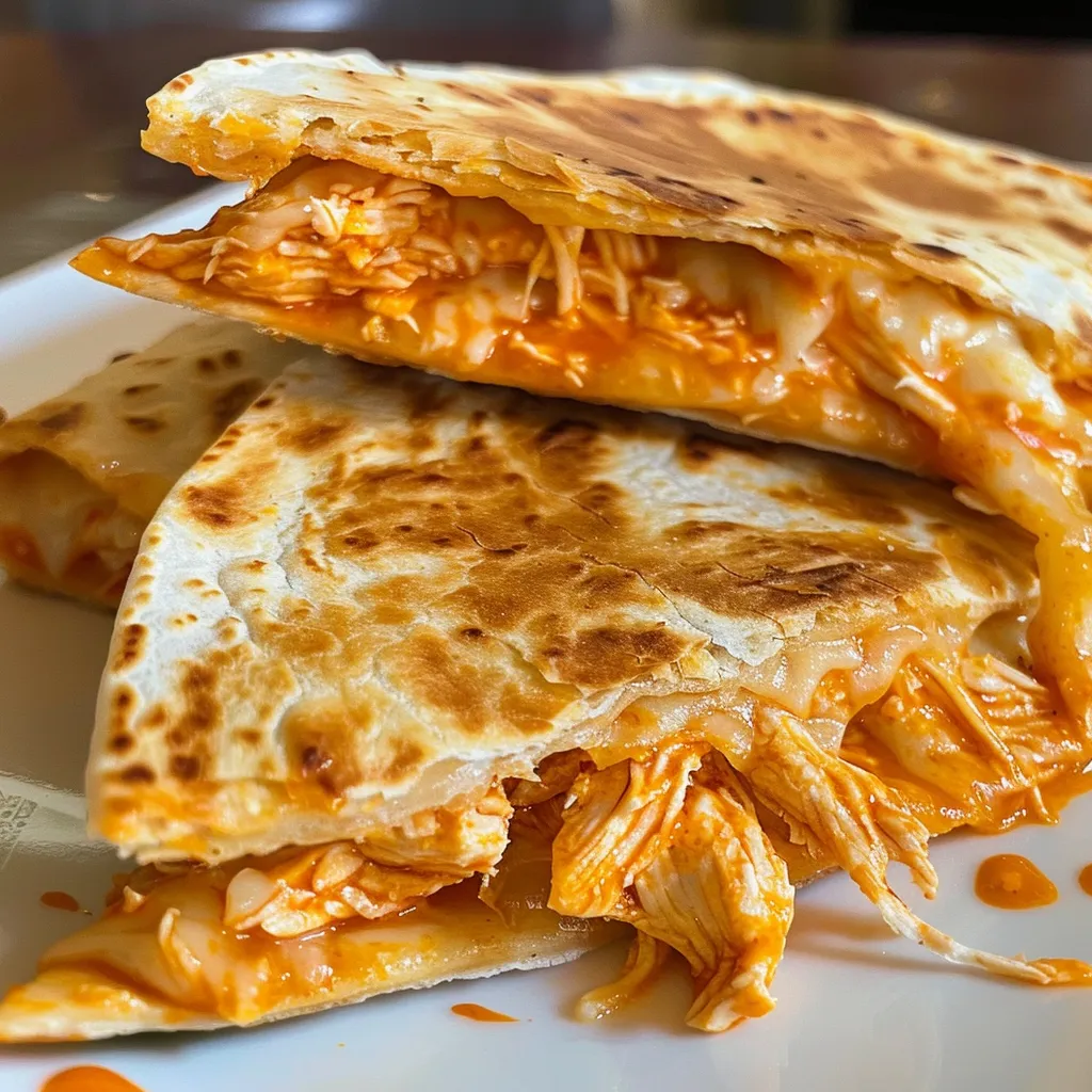 Side view of Buffalo chicken quesadilla, with visible layers of chicken and cheese, garnished with sauce.