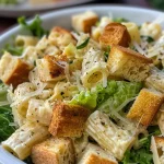 Close-up view of a vibrant Caesar Pasta Salad, showcasing pasta, greens, and dressing.