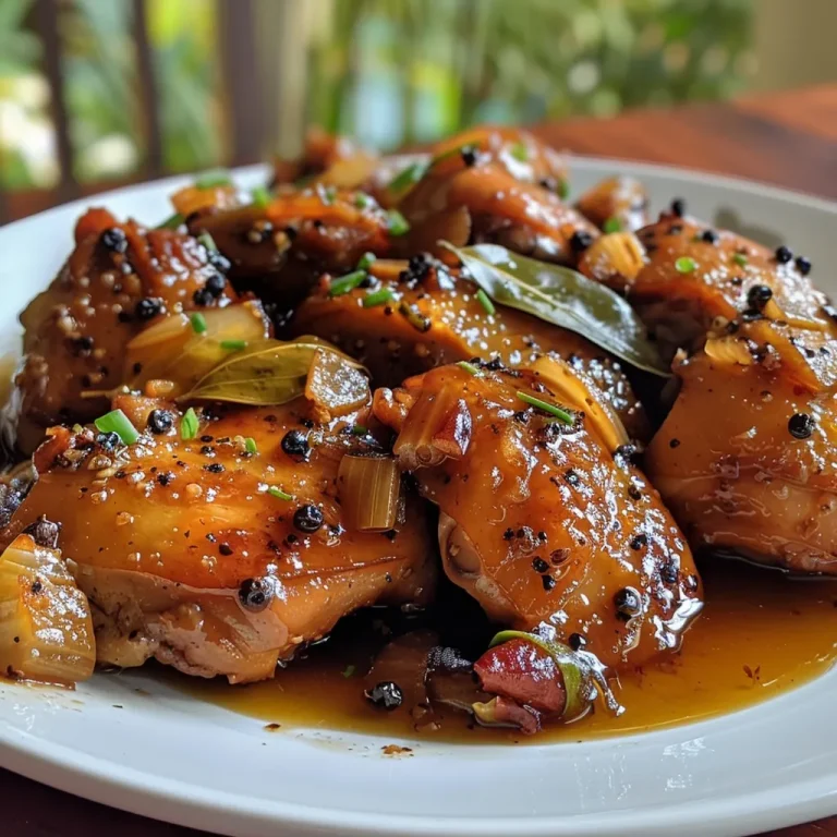 Close-up view of juicy Chicken Adobo with glistening sauce.