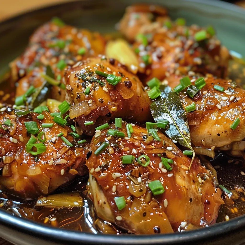 Side view of succulent Chicken Adobo, highlighting its rich glaze.
