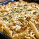 Close-up view of a Chicken Alfredo Pasta Bake with golden cheese on top.