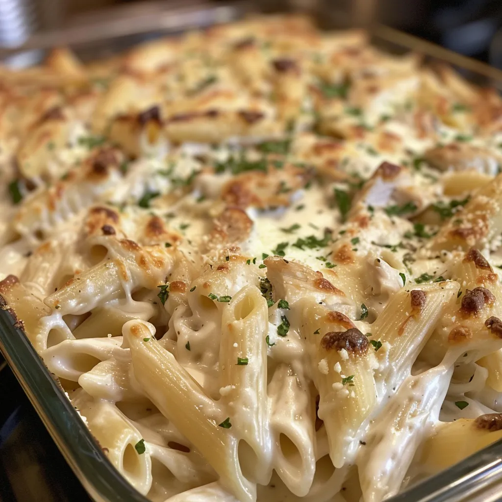 Side view of a delicious Chicken Alfredo Pasta Bake, showcasing creamy sauce and chicken.