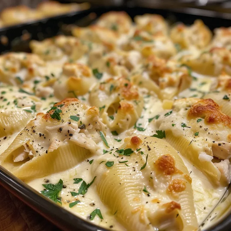 Close-up view of stuffed pasta shells filled with creamy chicken Alfredo.