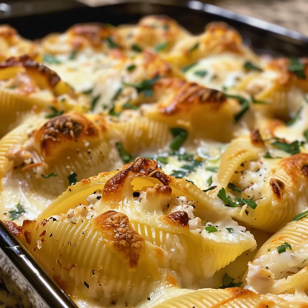 Delicious Chicken Alfredo stuffed shells showcasing a rich, cheesy filling.