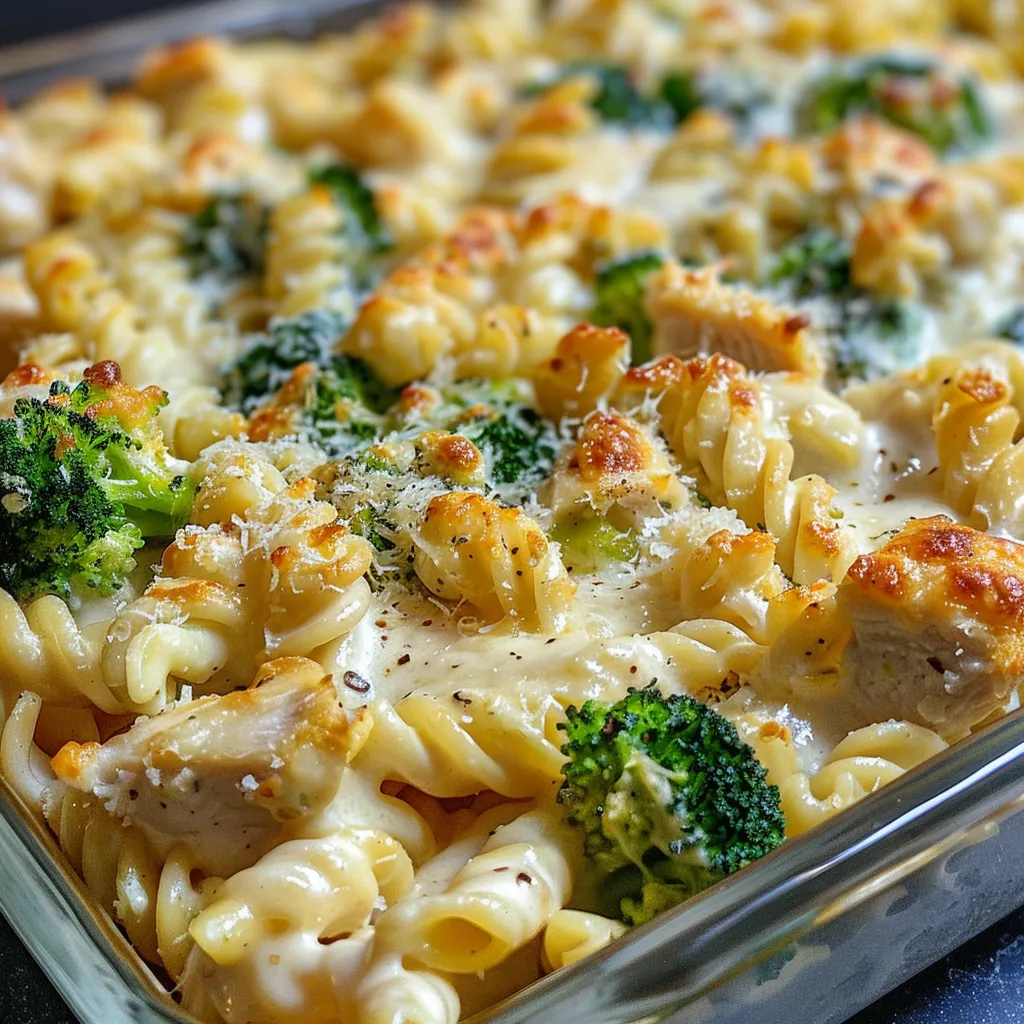 Side view of a creamy Chicken and Broccoli Alfredo Bake in a baking dish.