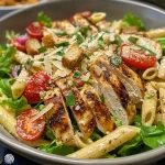 Close-up of a Chicken Caesar Pasta Salad with vibrant ingredients.