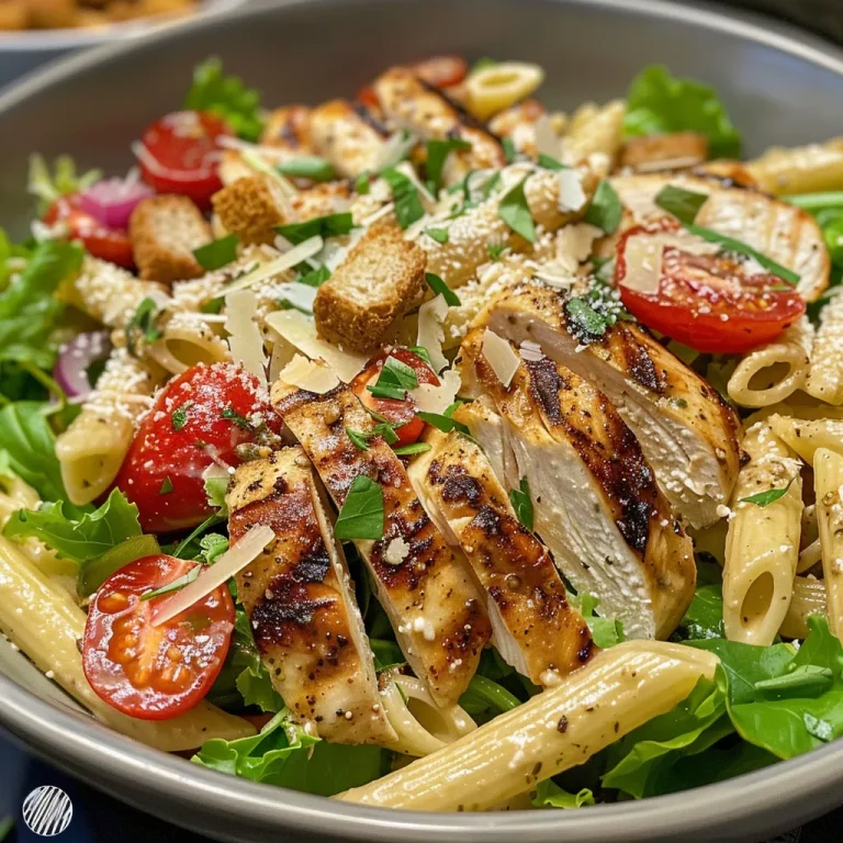 Close-up of a Chicken Caesar Pasta Salad with vibrant ingredients.