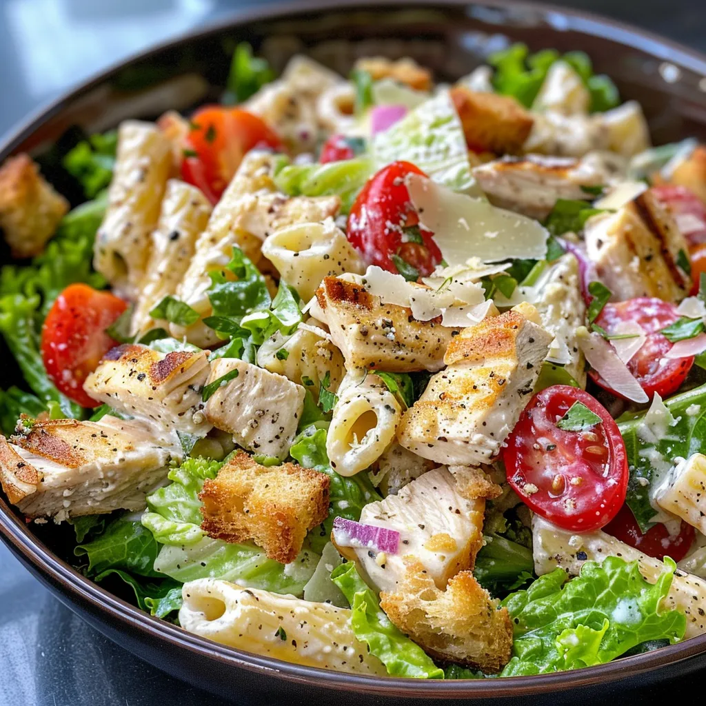 A side view of a bowl filled with Chicken Caesar Pasta Salad showcasing colorful vegetables.