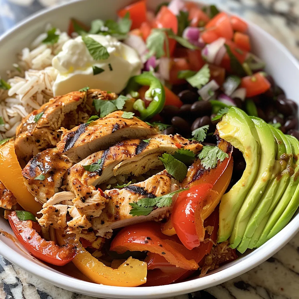 Side view of a vibrant Chicken Fajita Burrito Bowl showcasing fresh ingredients like chicken, rice, and bell peppers.