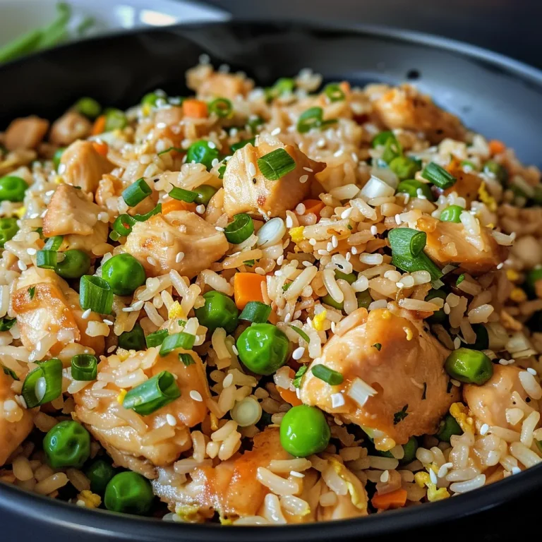 Close-up view of chicken fried rice with colorful vegetables and chicken pieces.