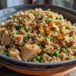 Close-up side view of a plate filled with Chicken Fried Rice, featuring diced chicken, vegetables, and grains.