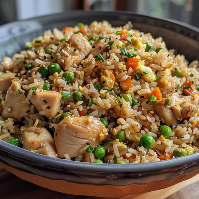 Close-up side view of a plate filled with Chicken Fried Rice, featuring diced chicken, vegetables, and grains.