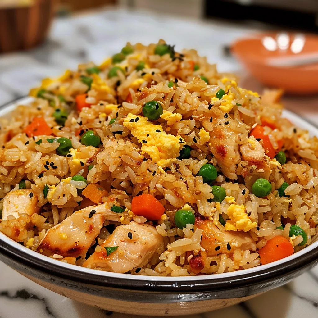 Juicy Chicken Fried Rice displayed in a bowl, showcasing colorful peas, carrots, and green onions.