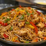 Close-up view of Chicken Lo Mein with thin slices of chicken and colorful vegetables.