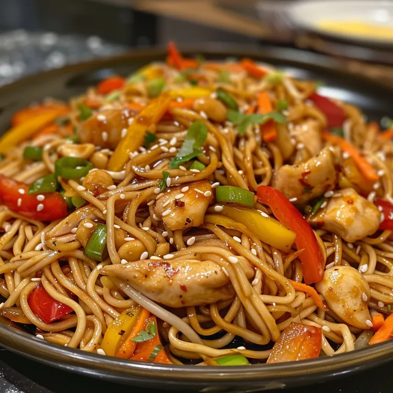 Close-up view of Chicken Lo Mein with thin slices of chicken and colorful vegetables.