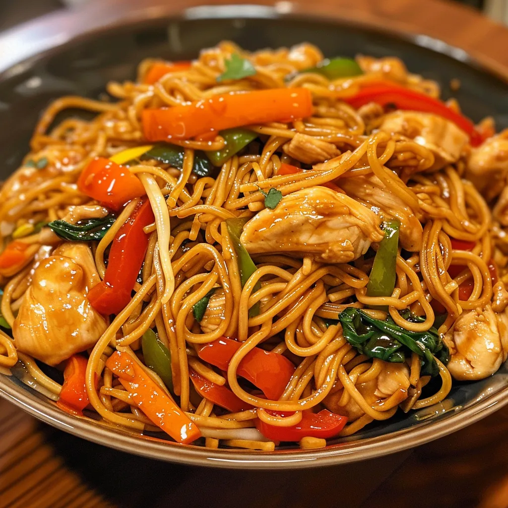 Side view of a vibrant Chicken Lo Mein dish featuring noodles and fresh ingredients.