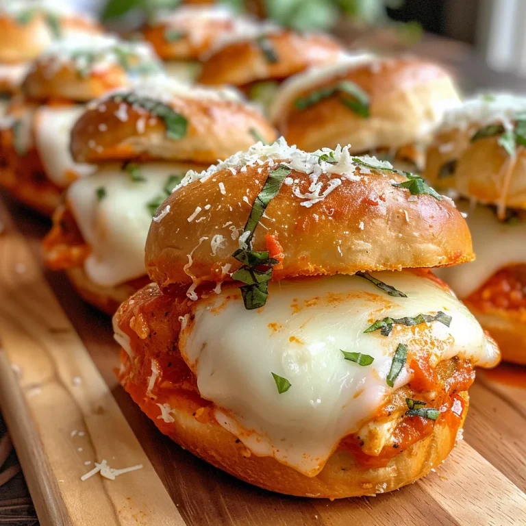 Close-up view of Chicken Parmesan Sliders with melted cheese and marinara sauce.