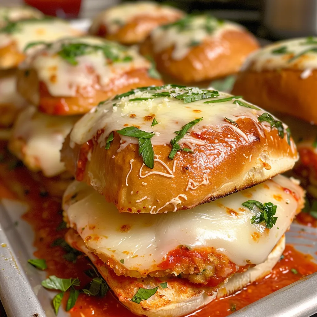 Juicy Chicken Parmesan Sliders served on Kings Hawaiian rolls, garnished with fresh herbs.