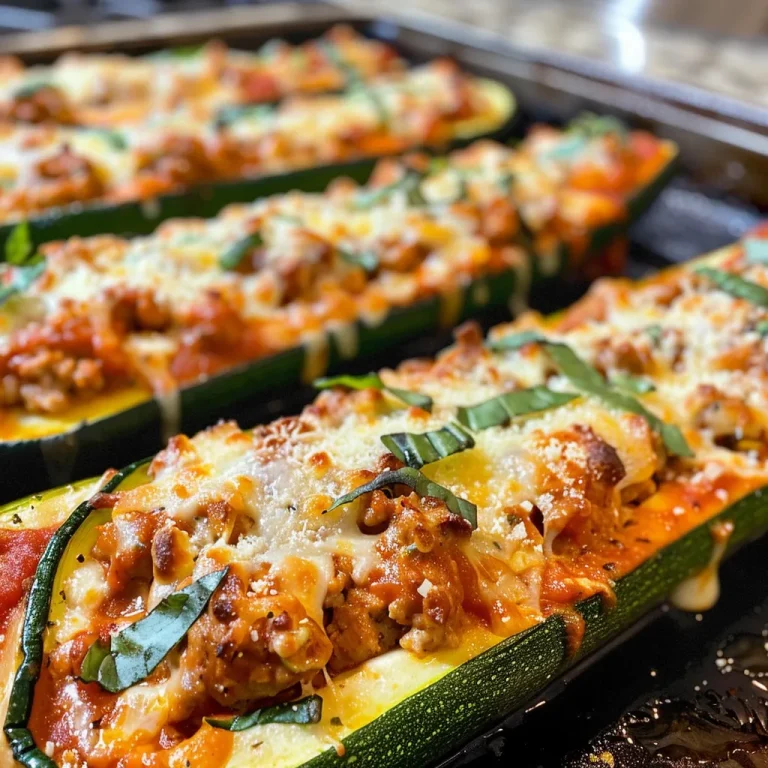 Close-up view of baked zucchini boats filled with Chicken Parmesan topped with melted cheese.