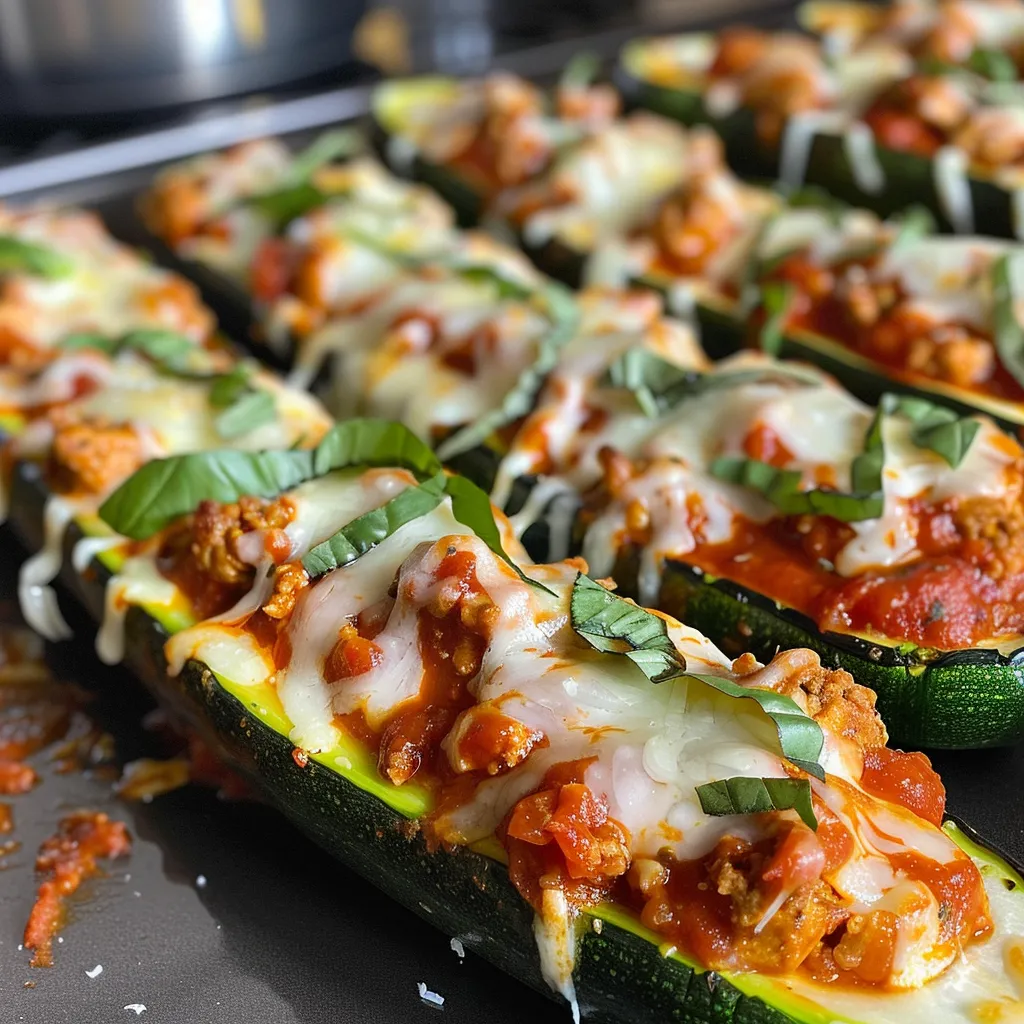 Juicy Chicken Parmesan Zucchini Boats with golden brown mozzarella and sprinkled with fresh basil.