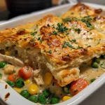 Close-up side view of a golden-brown chicken pot pie casserole with a flaky biscuit topping.