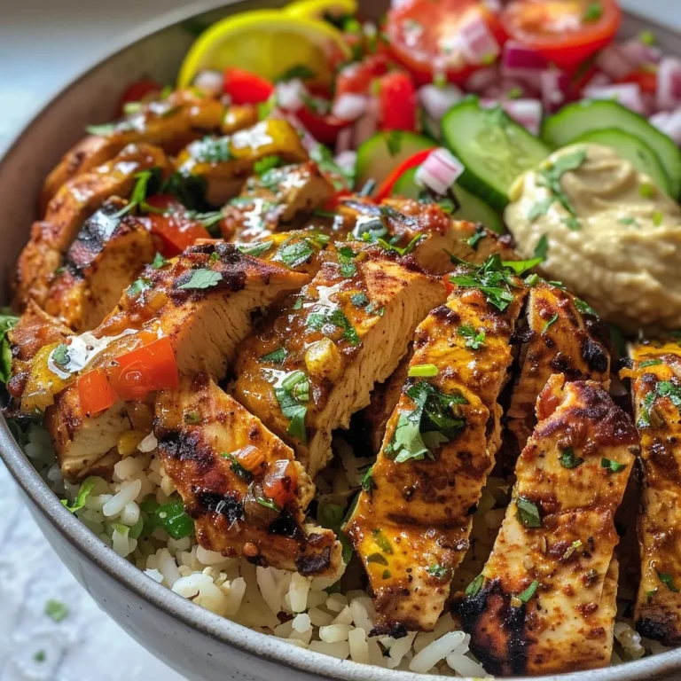 A close-up side view of a Chicken Shawarma Bowl filled with colorful vegetables and rice.