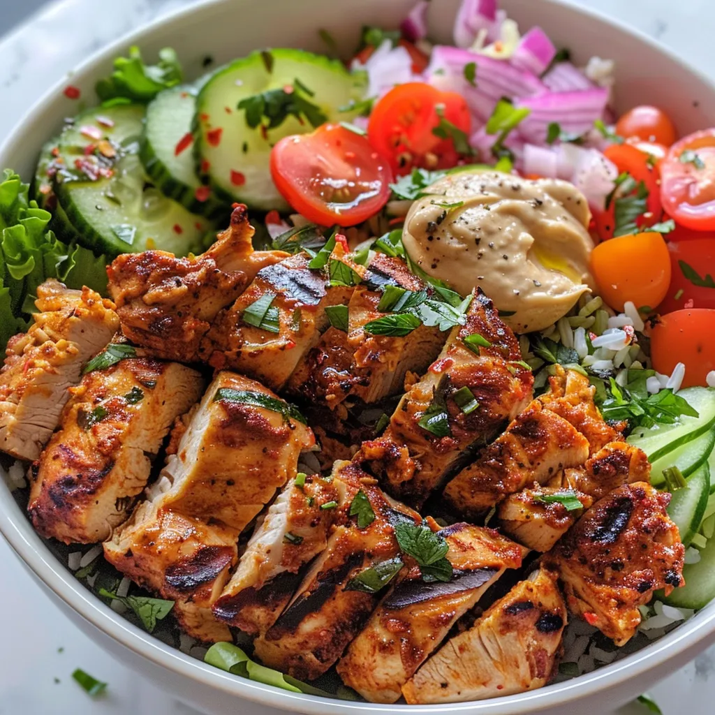 Juicy Chicken Shawarma served over a bed of rice with fresh vegetables in a bowl.