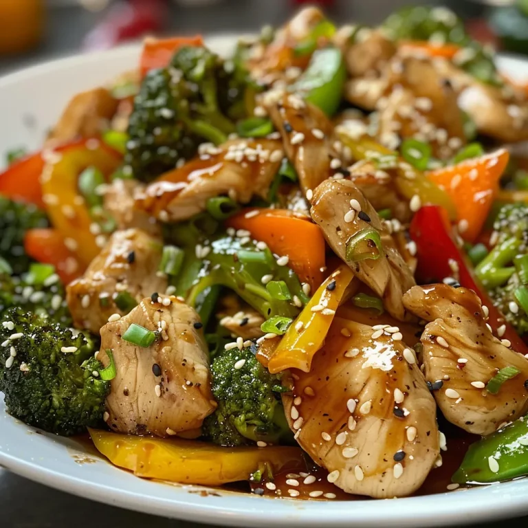 Close-up image of juicy chicken stir-fry with vibrant vegetables.