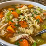 Close-up view of a steaming bowl of Chicken Vegetable Noodle Soup filled with vibrant vegetables and noodles.