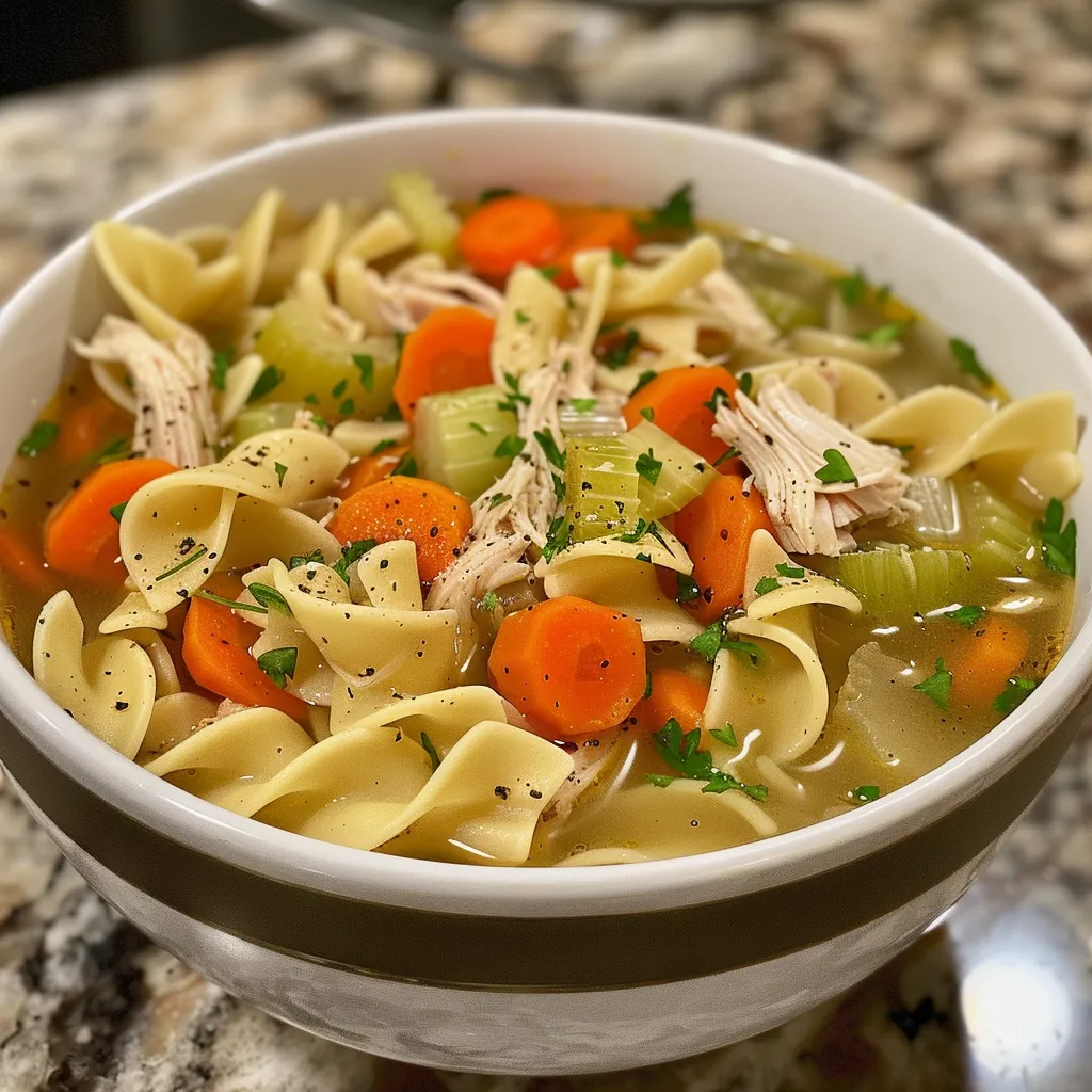 Side angle shot of a warm Chicken Vegetable Noodle Soup featuring shredded chicken and colorful vegetables.