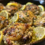 Juicy chicken breast seasoned with lemon and herbs, presented on a plate.