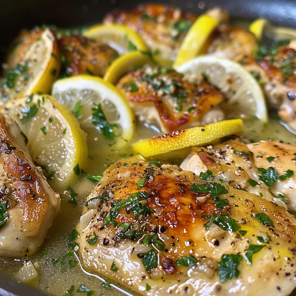 Close-up view of a golden, juicy chicken breast garnished with lemon slices and herbs.