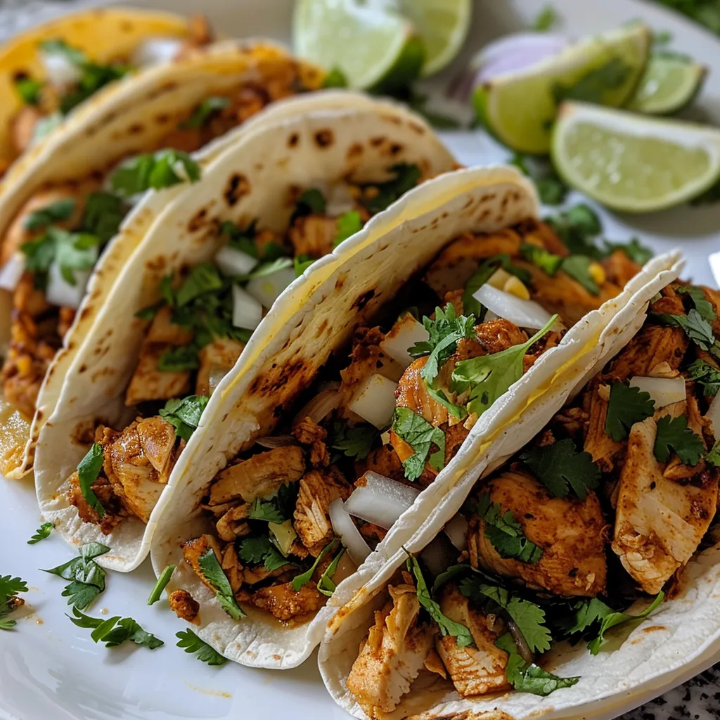 Side view of delicious Chipotle Chicken Tacos on a plate, garnished with cilantro and lime.