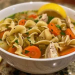 Close-up view of a steaming bowl of classic chicken noodle soup with vibrant vegetables and chicken pieces.