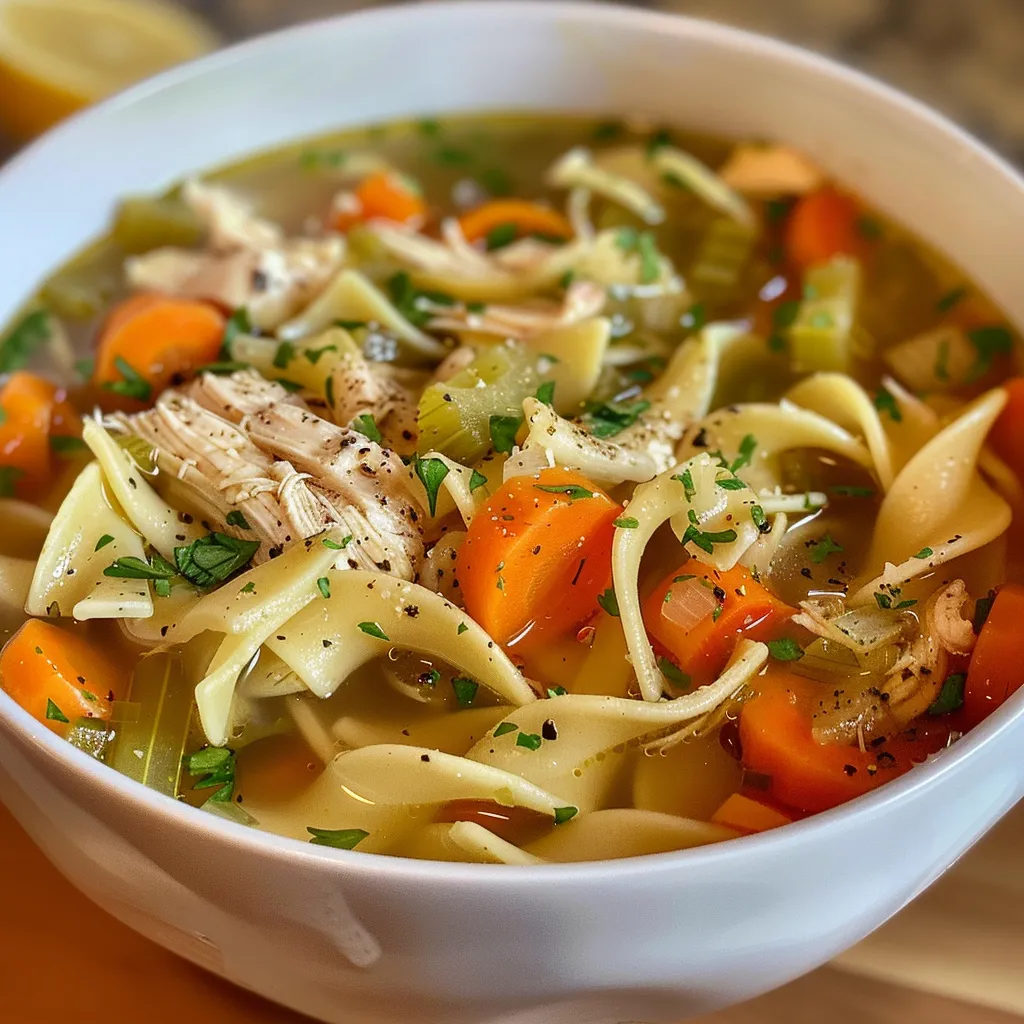 Side perspective of a hearty chicken noodle soup showcasing colorful carrots and celery in a rich broth.