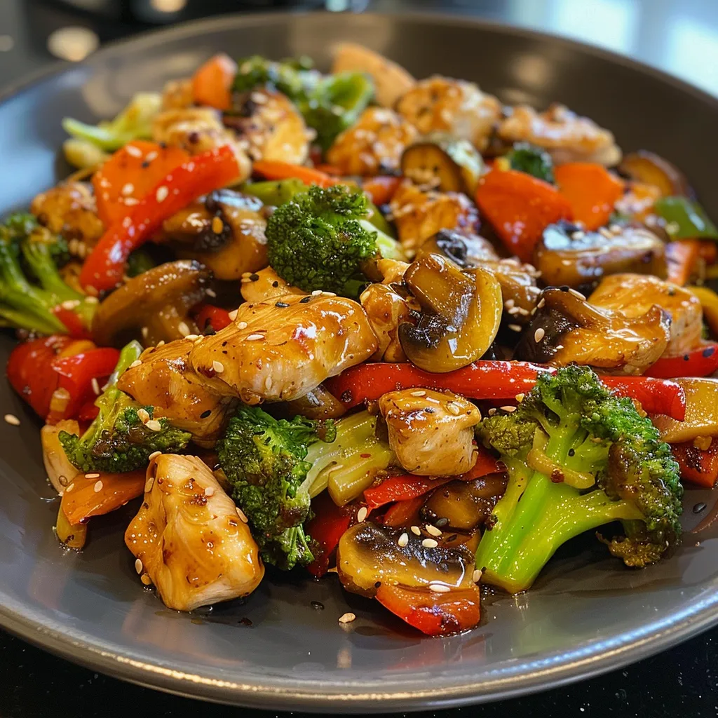 Close up of a delicious stir fry featuring chicken and mixed veggies on a plate.