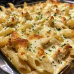 Close-up view of a creamy chicken Alfredo bake with melted cheese.