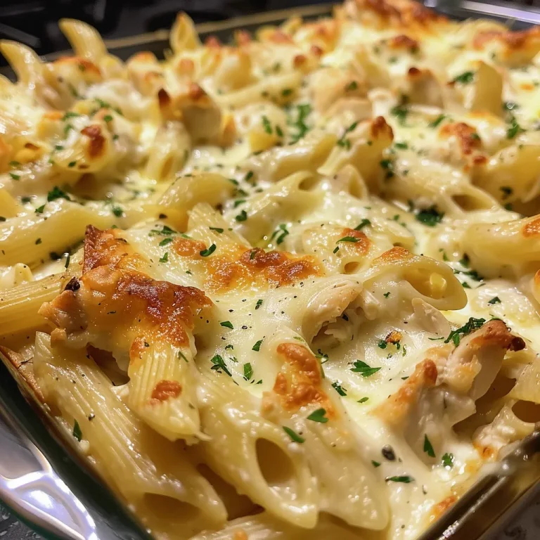 Close-up view of a creamy chicken Alfredo bake with melted cheese.