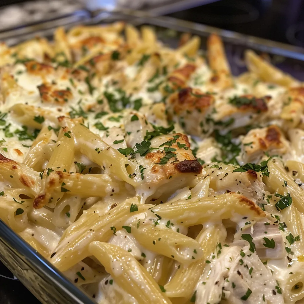 Side angle of creamy chicken Alfredo bake topped with parsley.