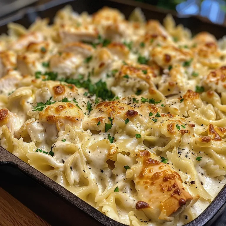 Close-up view of a creamy chicken Alfredo casserole topped with melted cheese and herbs.