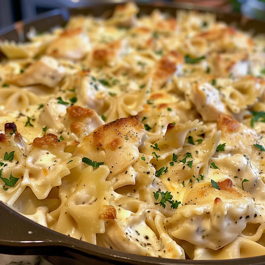 Side angle of a baked chicken Alfredo casserole with bubbling cheese and a golden crust.